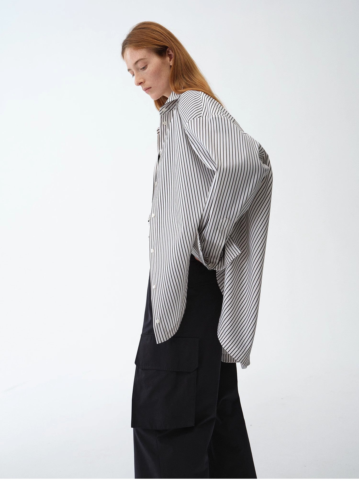 "Striped Fantasy" Casual Asymmetric Slanted Front Two-Wear Striped Long Sleeve Shirt