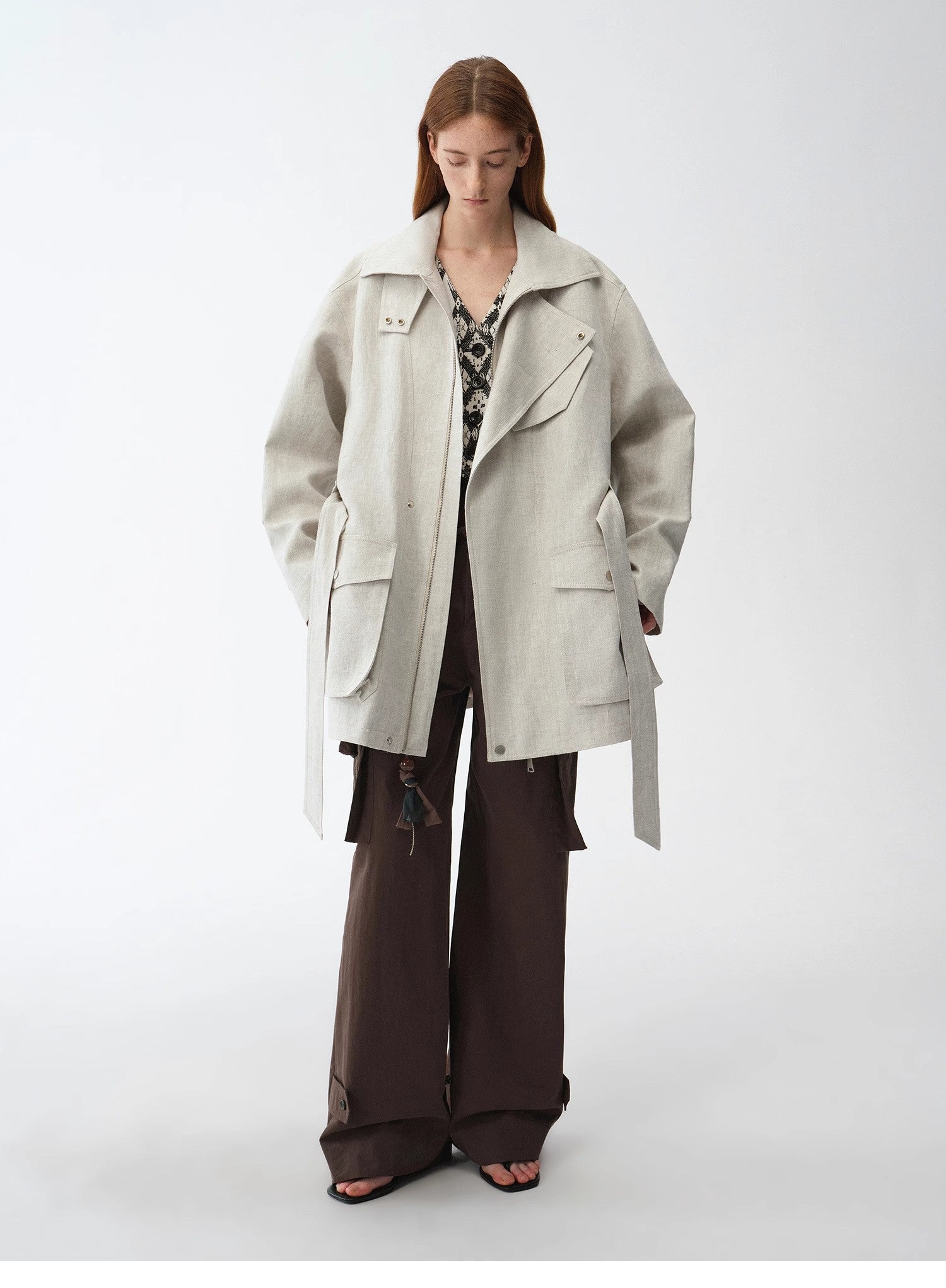 Relaxed Gold Linen Blend Lace-Up Mid-Length Trench Coat Spring"Flynn Magazine"