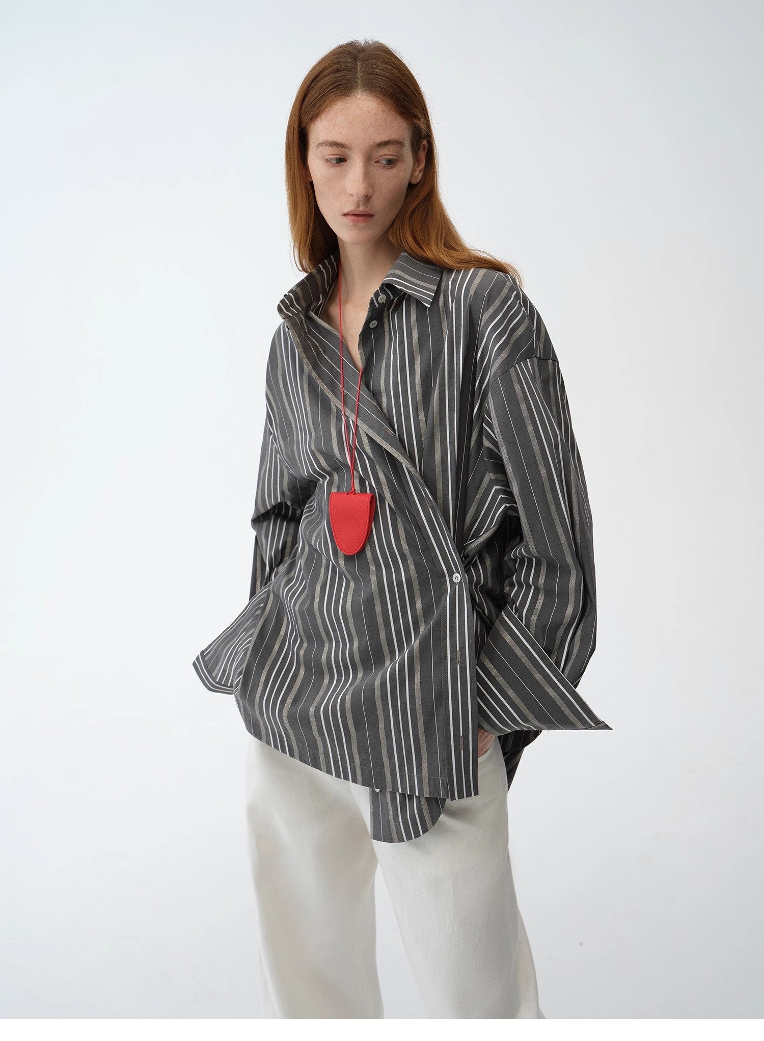 "Striped Fantasy" Casual Asymmetric Slanted Front Two-Wear Striped Long Sleeve Shirt