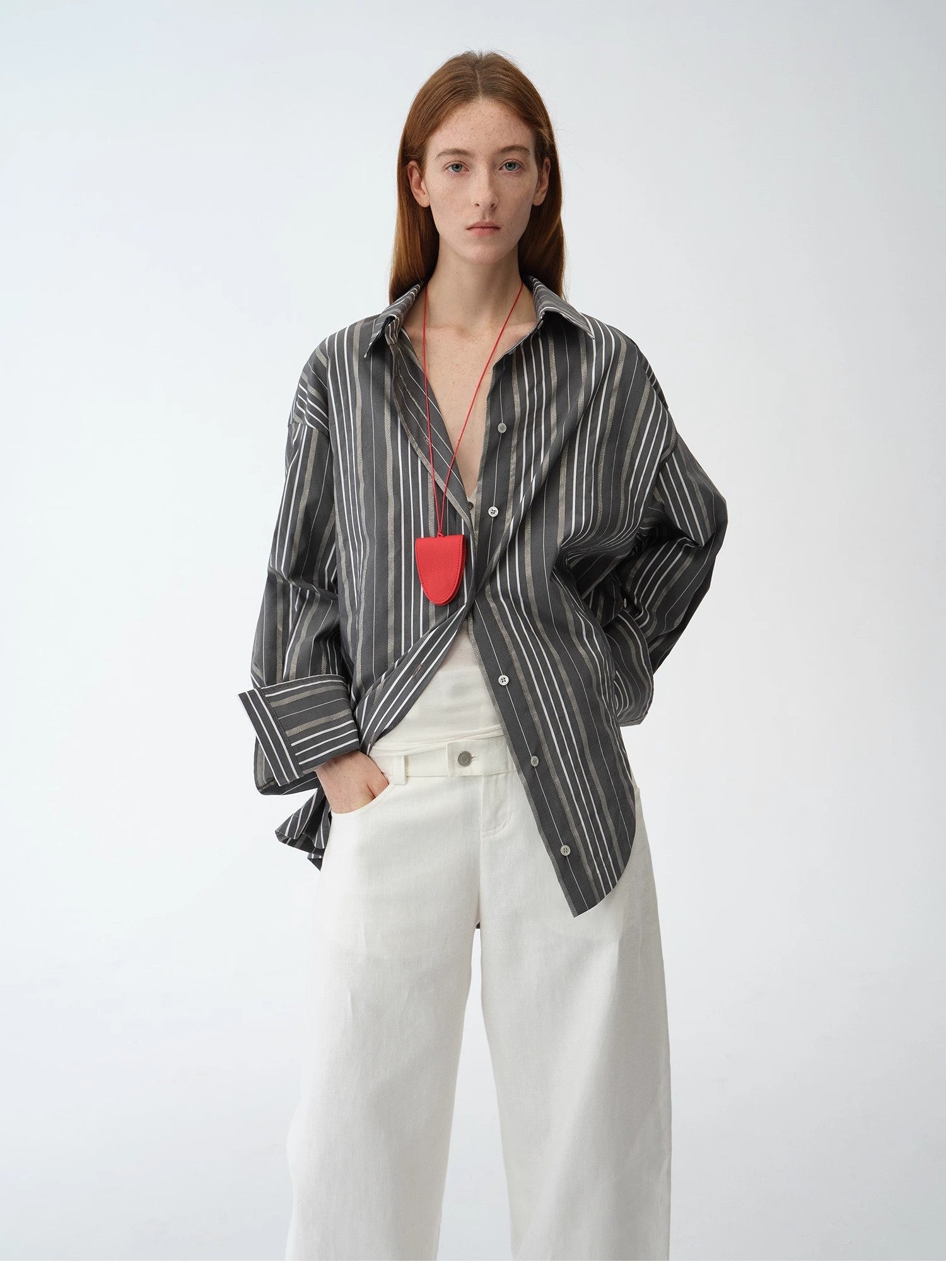 "Striped Fantasy" Casual Asymmetric Slanted Front Two-Wear Striped Long Sleeve Shirt