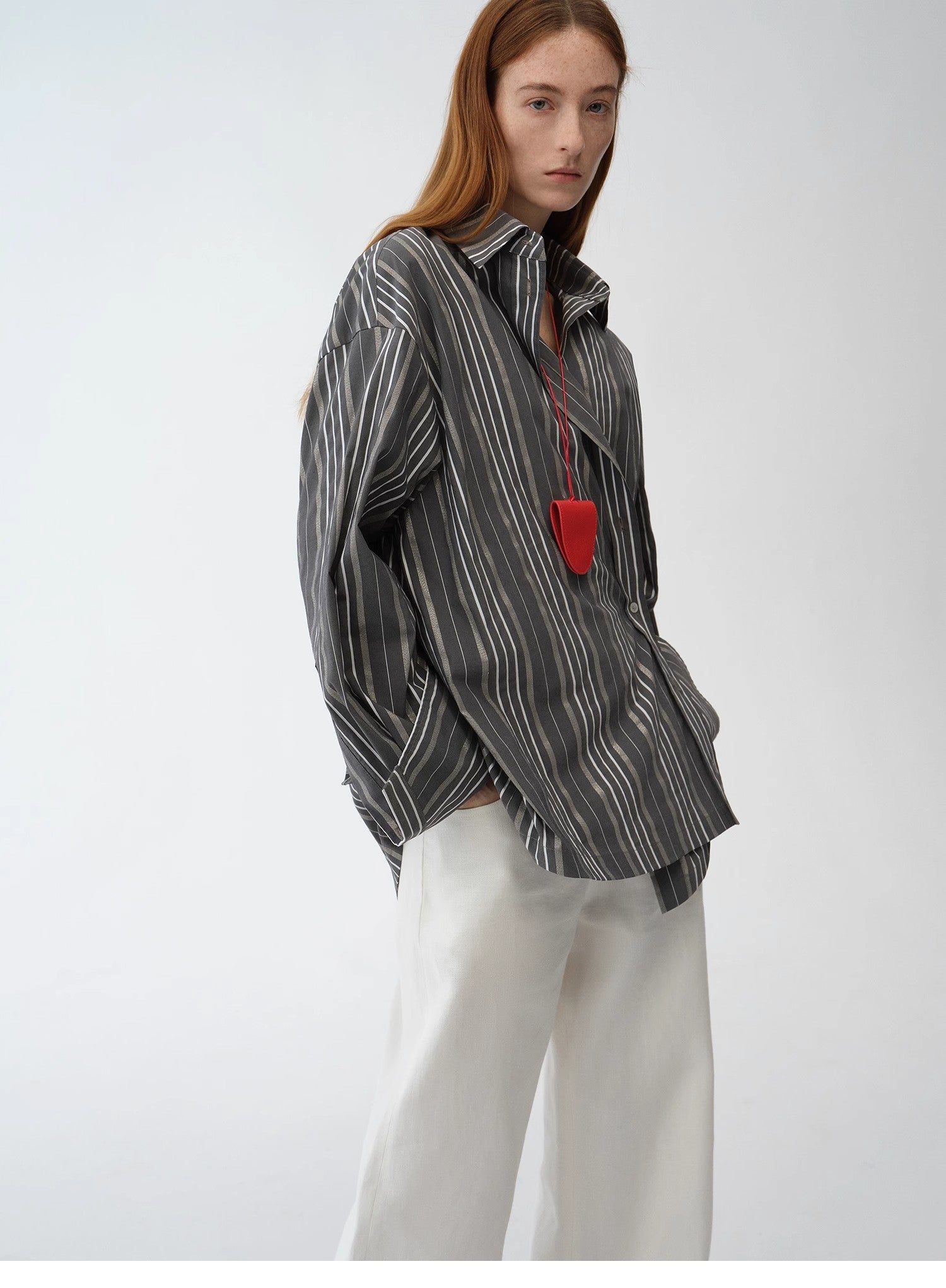 "Striped Fantasy" Casual Asymmetric Slanted Front Two-Wear Striped Long Sleeve Shirt