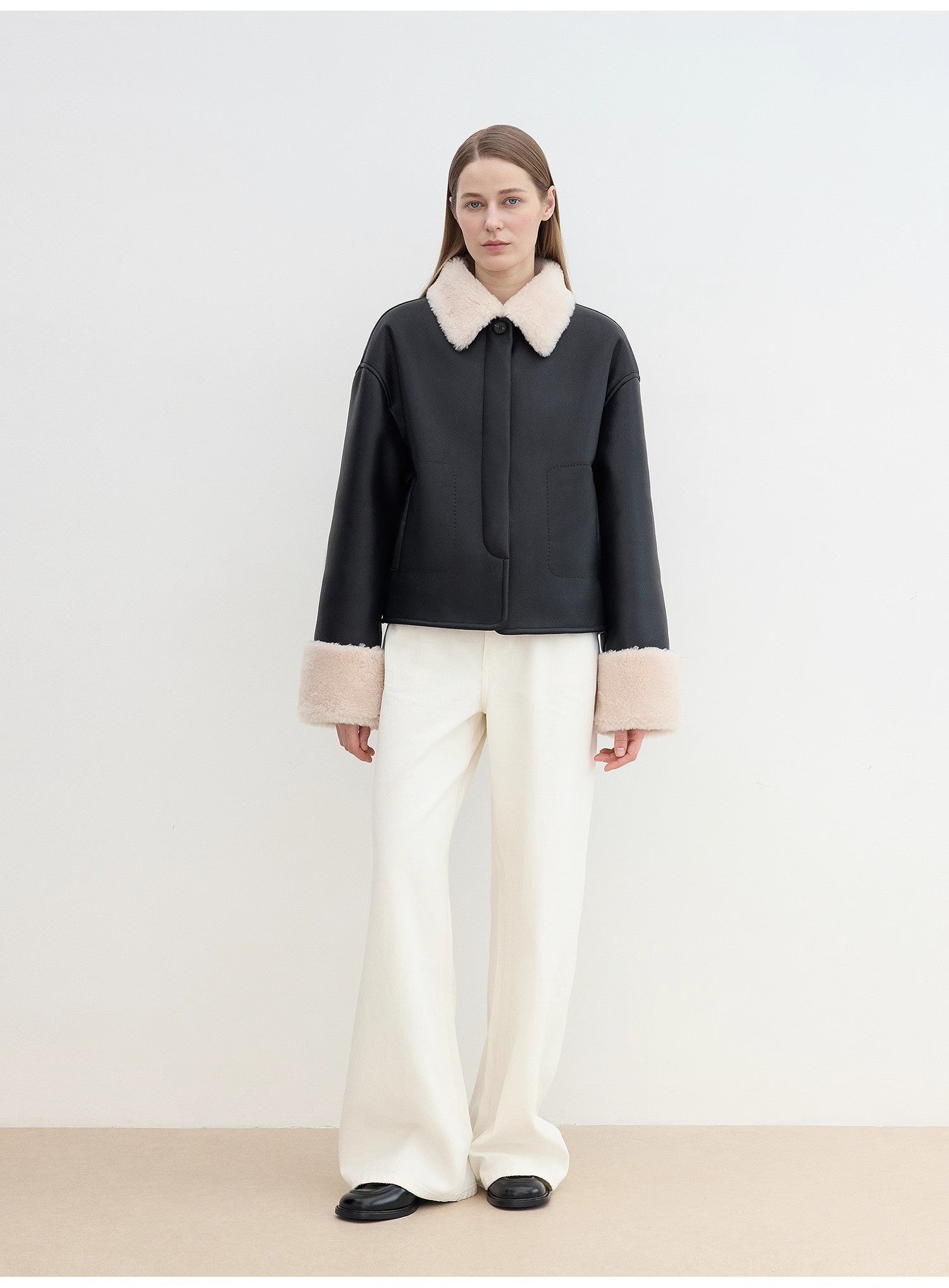 Fireladyfur Women's Casual Shearling Jacket With Furry Lapel