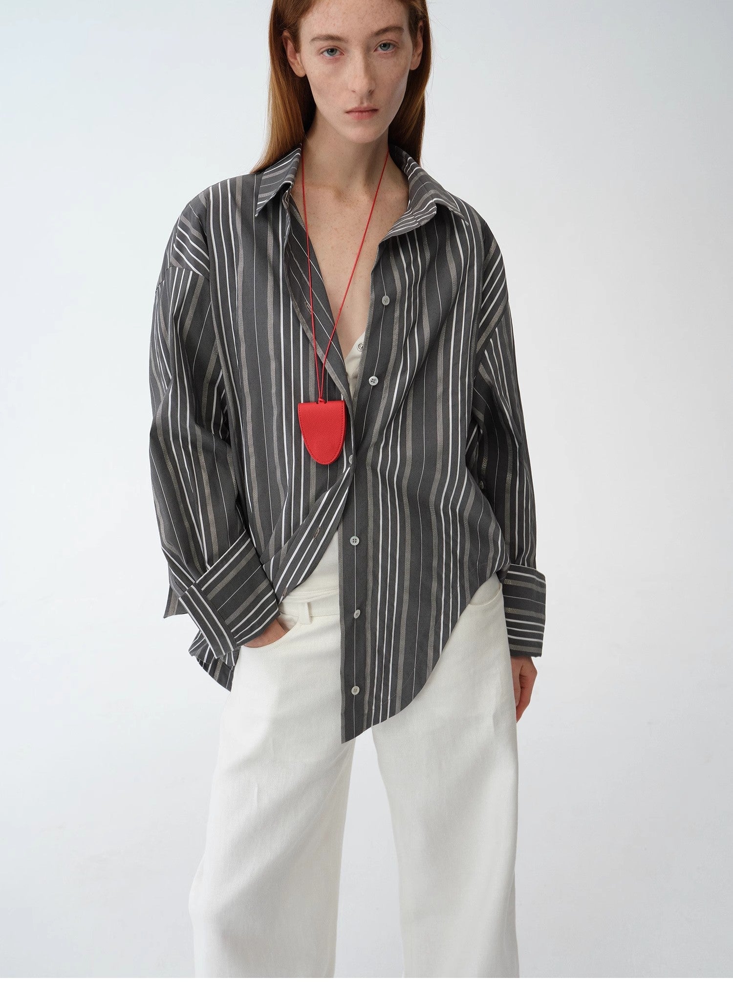 "Striped Fantasy" Casual Asymmetric Slanted Front Two-Wear Striped Long Sleeve Shirt