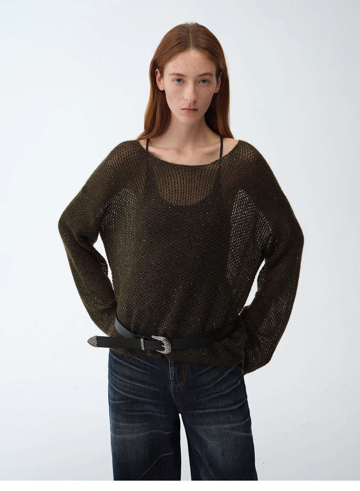 Mohair Sequin Knit Blended Hollow Oversized Sweater