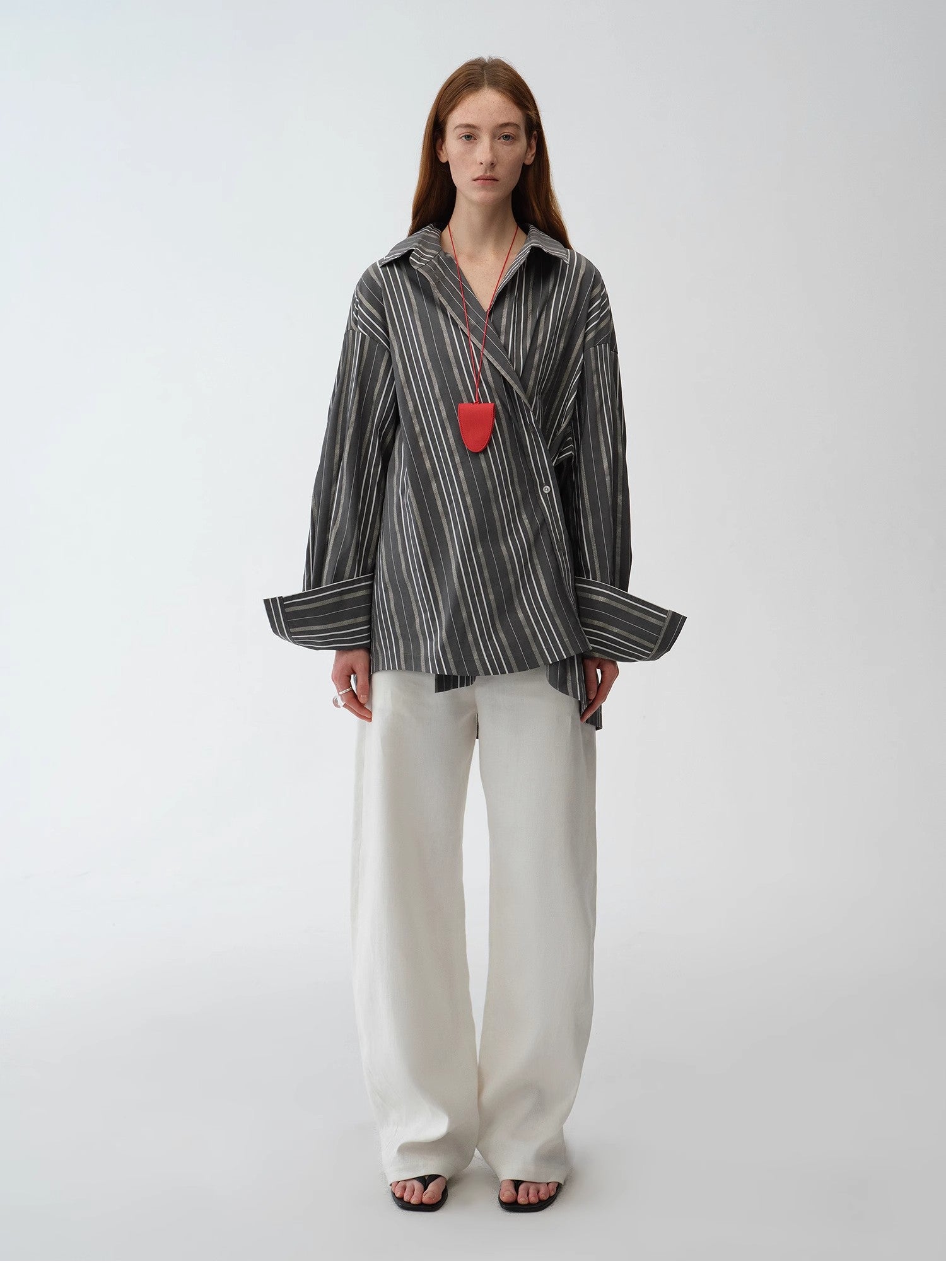 "Striped Fantasy" Casual Asymmetric Slanted Front Two-Wear Striped Long Sleeve Shirt