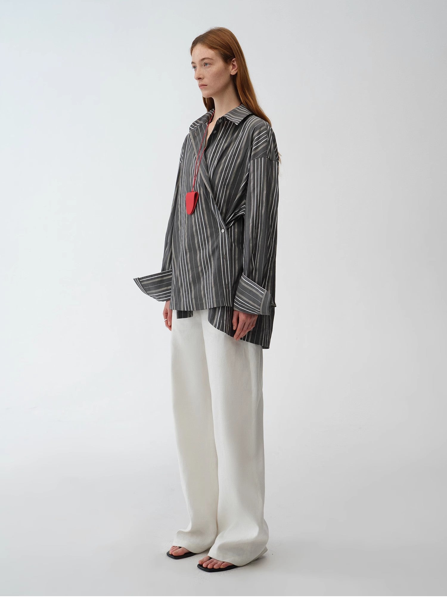 "Striped Fantasy" Casual Asymmetric Slanted Front Two-Wear Striped Long Sleeve Shirt