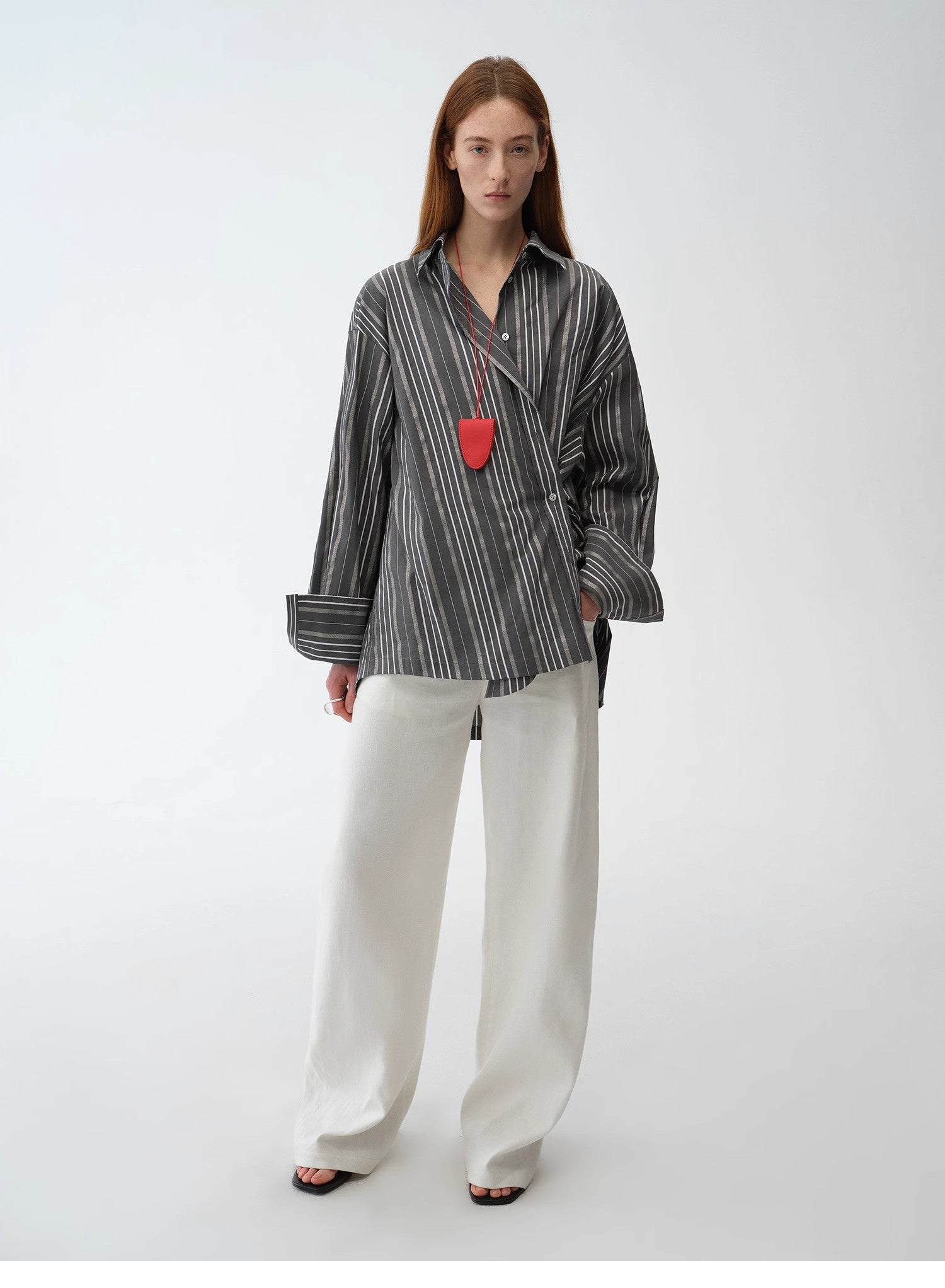 "Striped Fantasy" Casual Asymmetric Slanted Front Two-Wear Striped Long Sleeve Shirt
