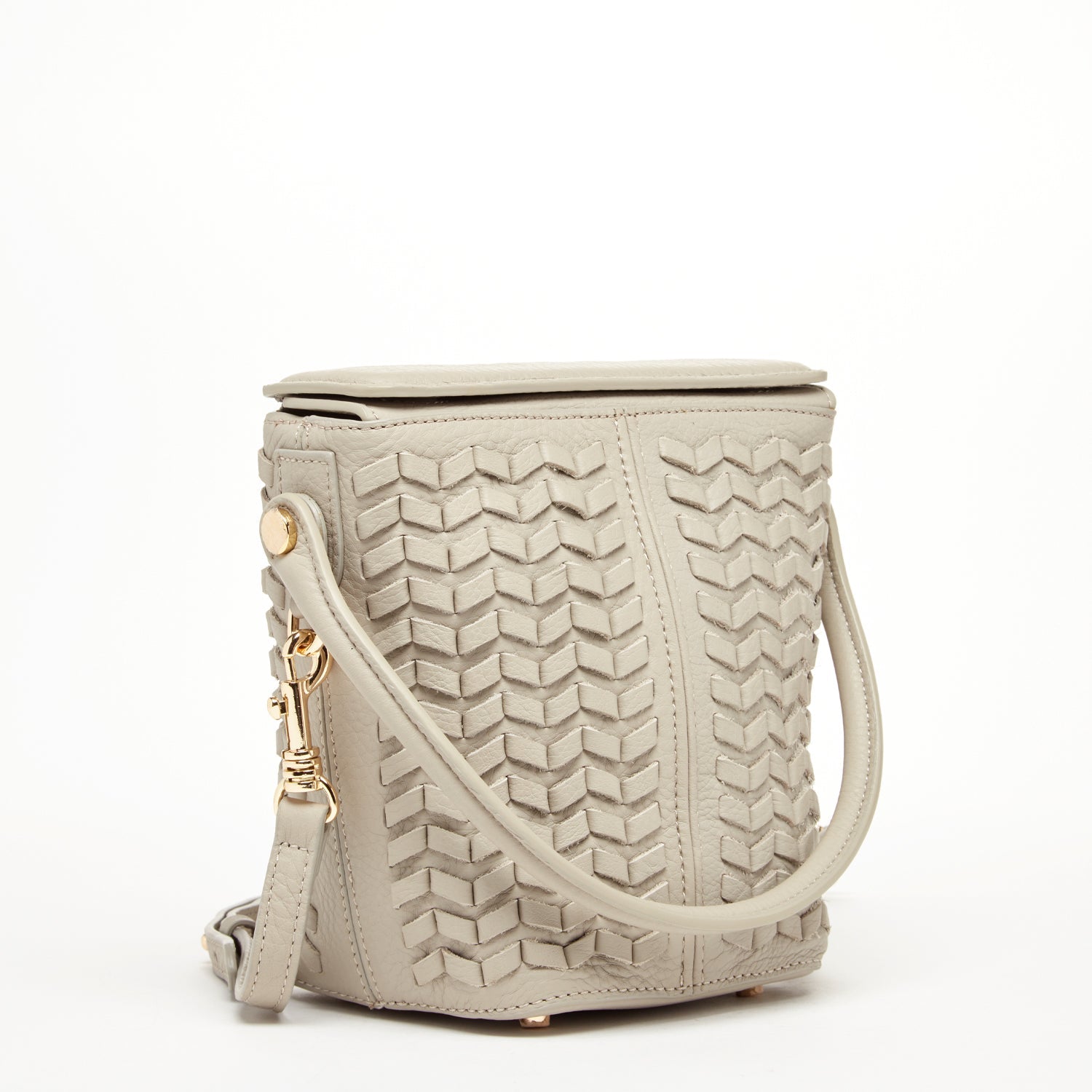 Woven Leather Bucket Bag Quilted Grayish Beige Crossbody Purse Women's Handbag