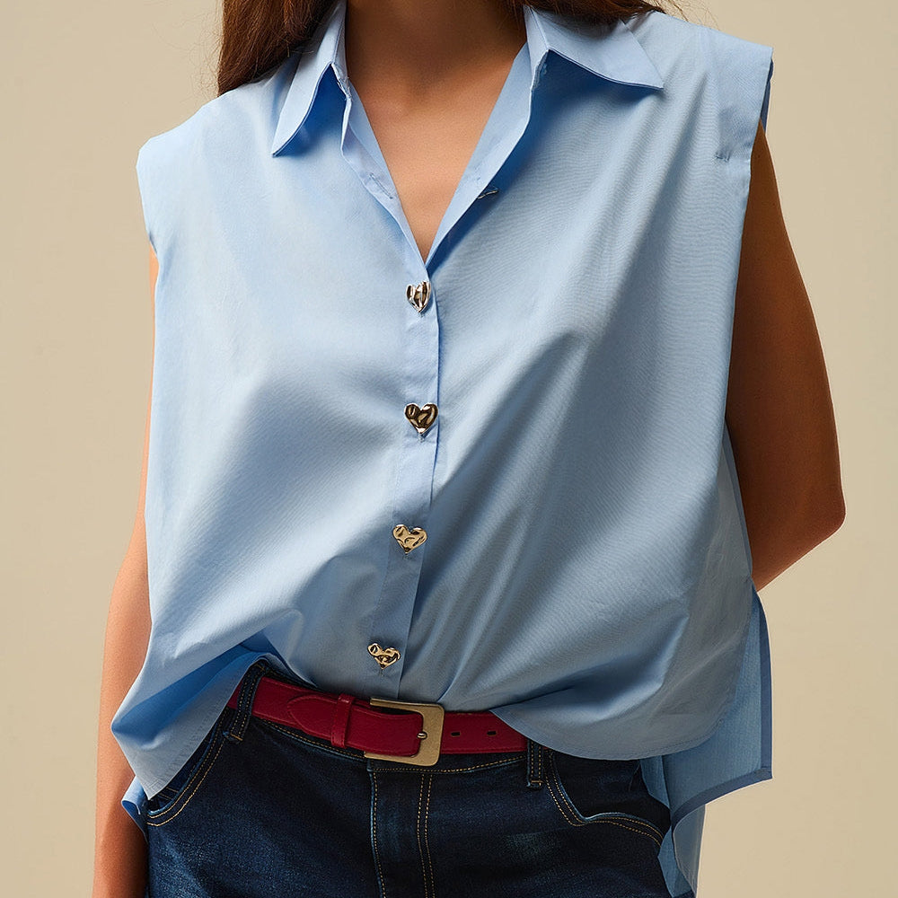 Blue Sleeveless Blouse With Heart-Shaped Buttons