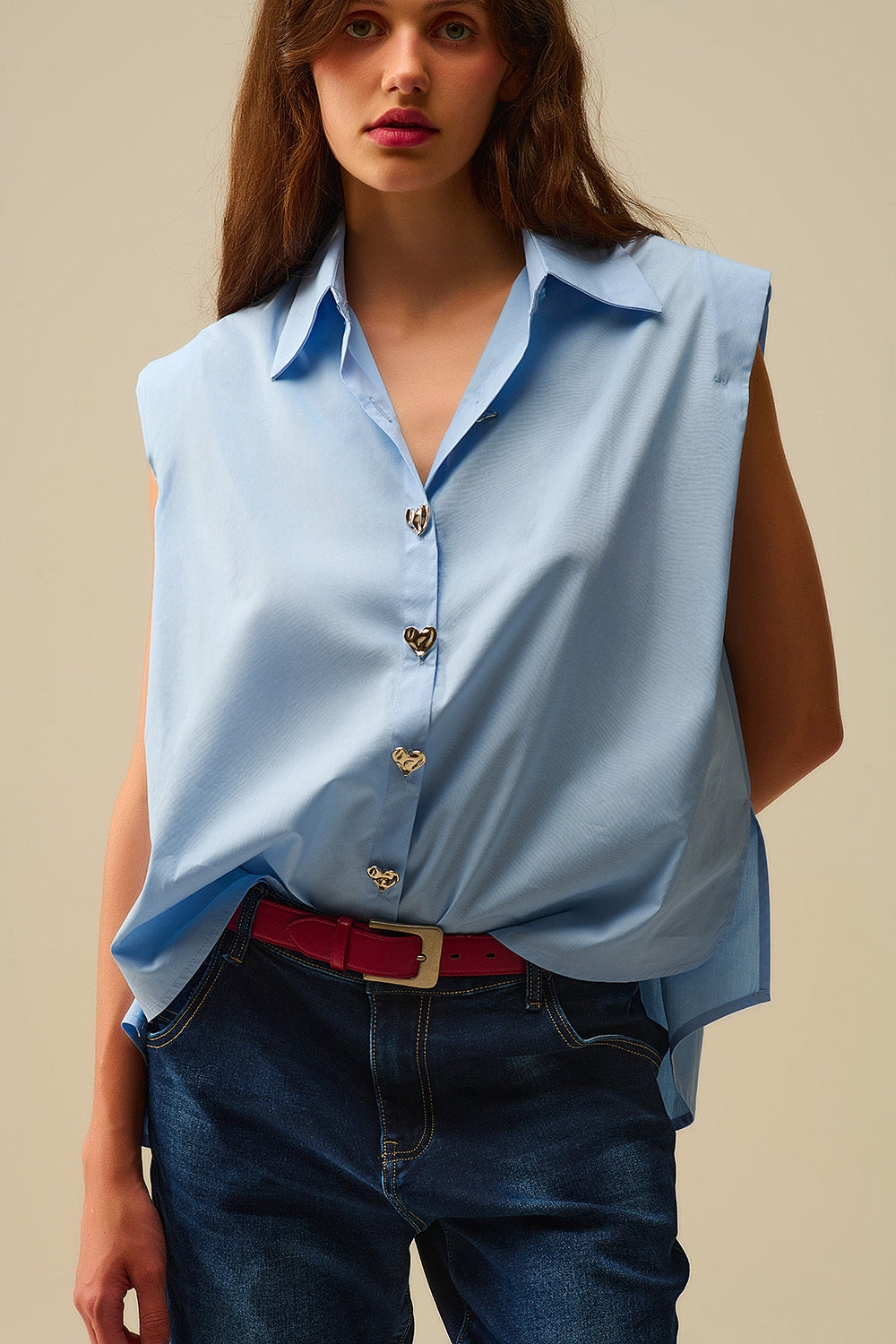 Blue Sleeveless Blouse With Heart-Shaped Buttons