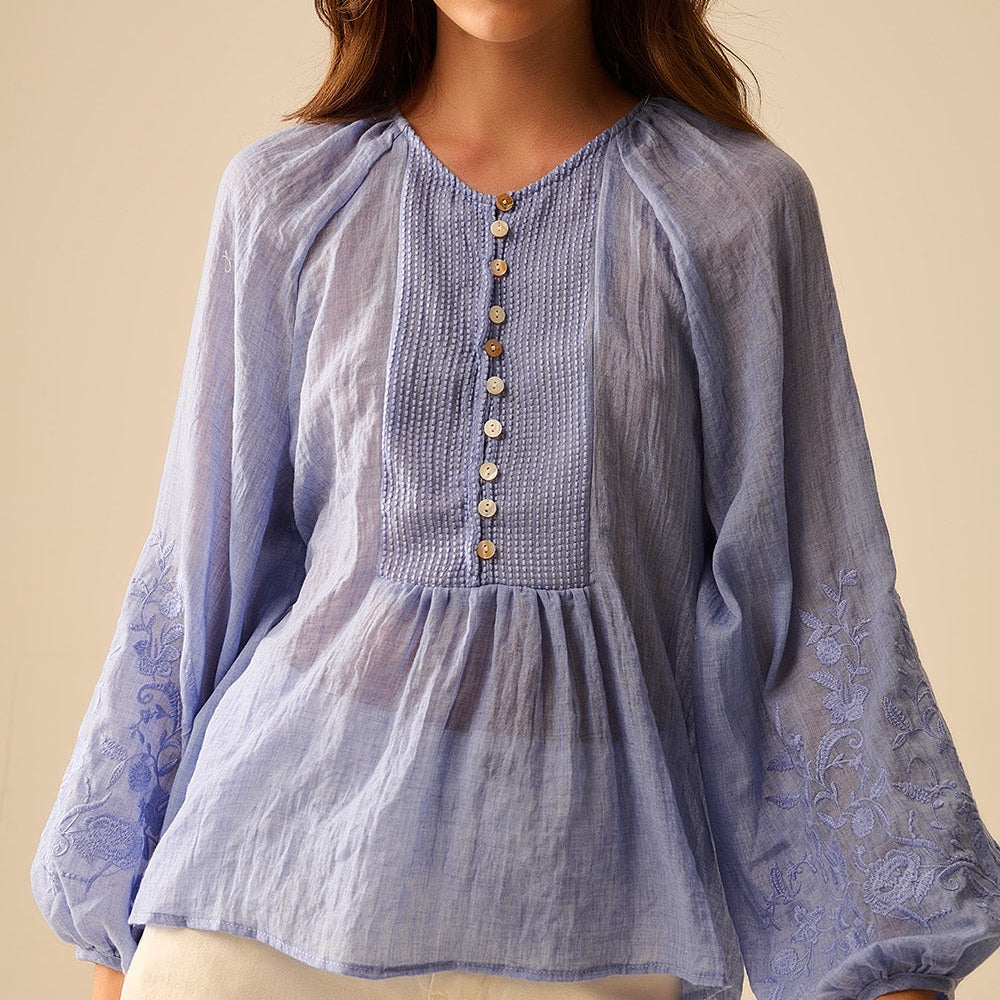 Blue Chiffon Blouse With Embroidery on the Sleeves