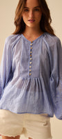 Blue Chiffon Blouse With Embroidery on the Sleeves