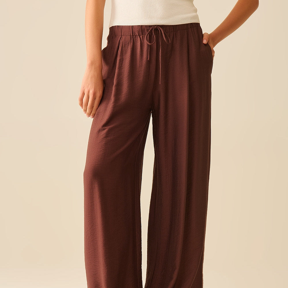 Brown Pants With Wide Leg in Light Viscose Fabric