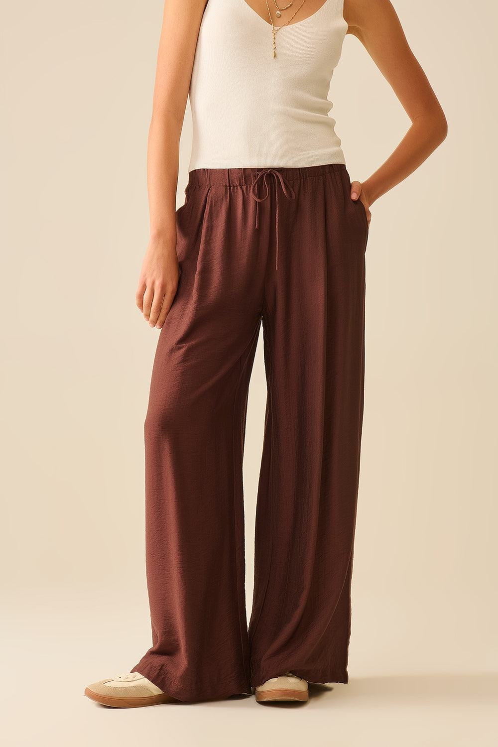Brown Pants With Wide Leg in Light Viscose Fabric