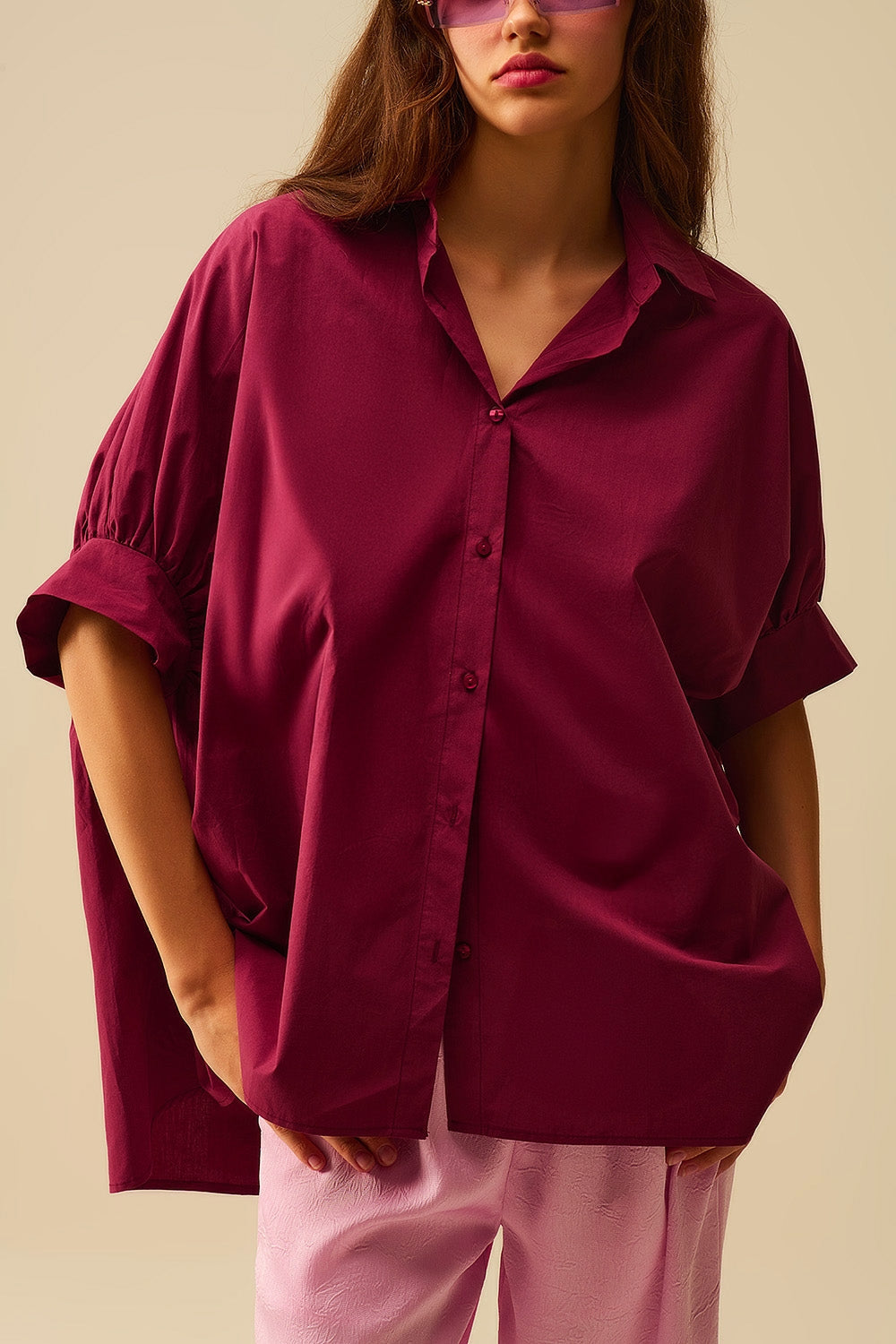 Burgundy Oversized Blouse With Short Sleeve