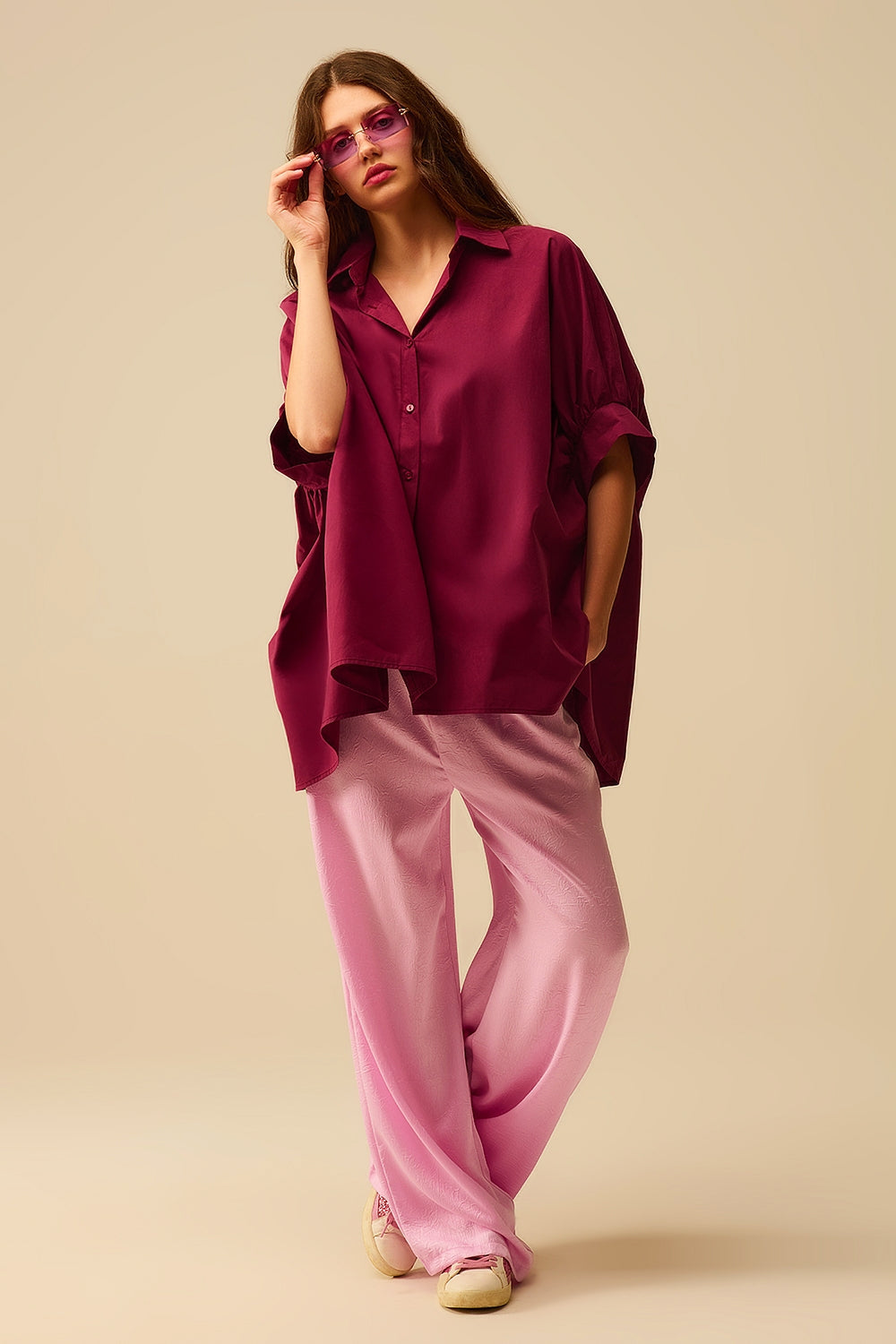 Burgundy Oversized Blouse With Short Sleeve