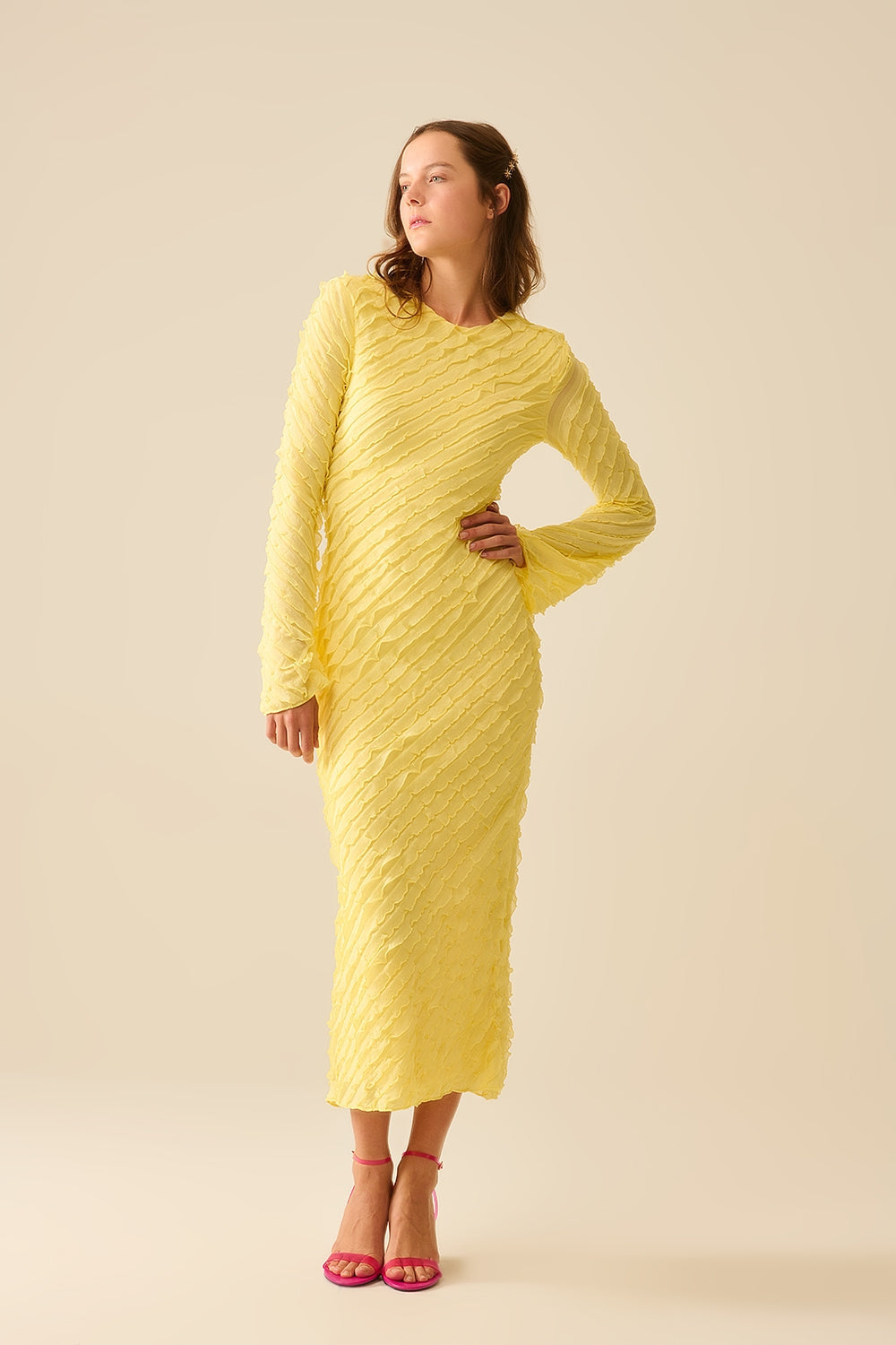 Butter Yellow Maxi Dress With Bias Mini Ruffle Design