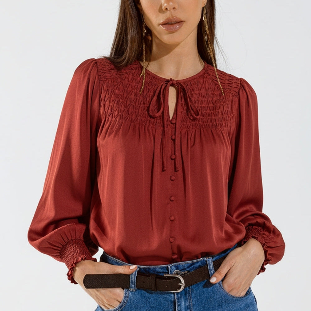 Chic Red Satin Shirt With Lace