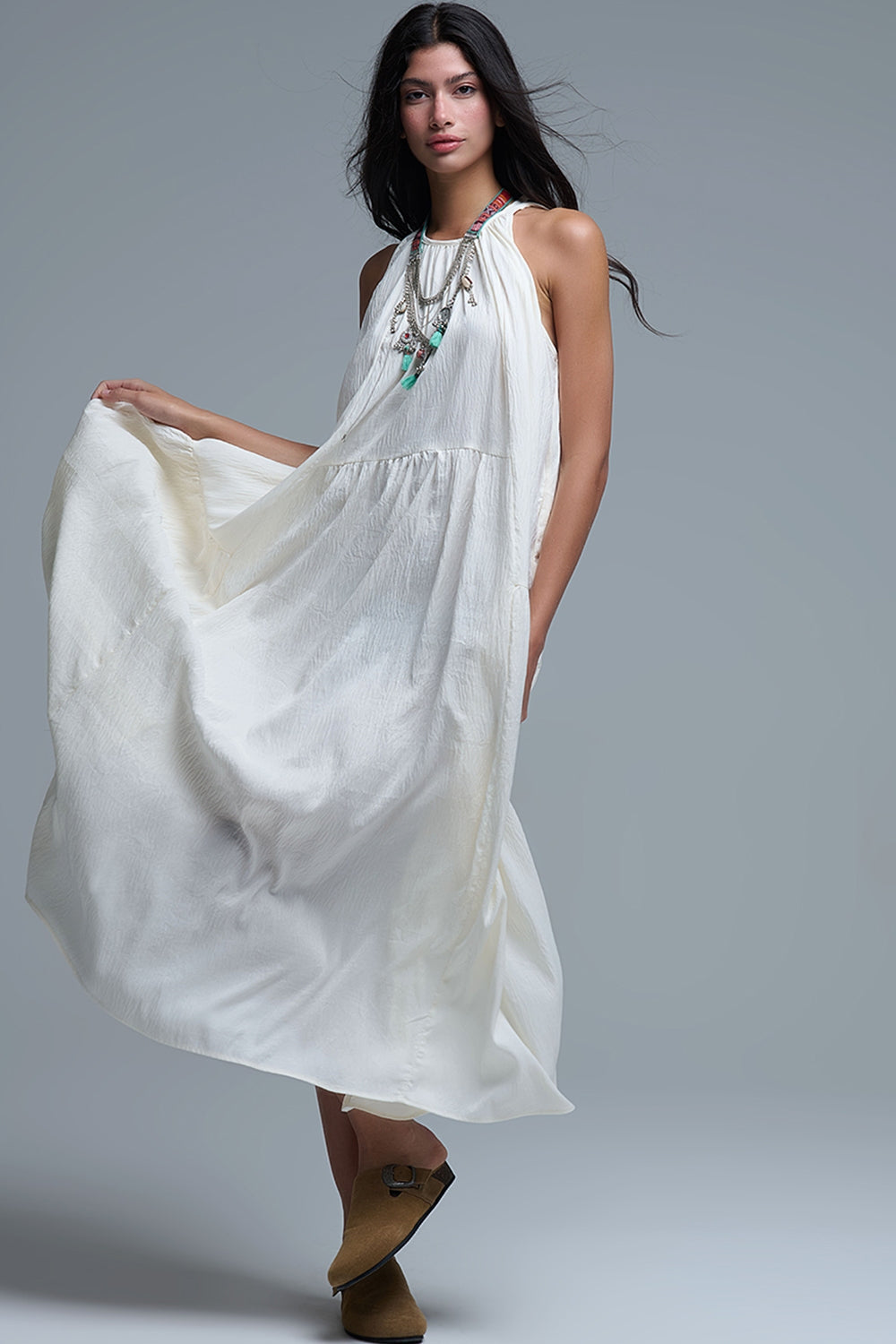 Cream Halter Neck Maxi Dress With Seam Detailing