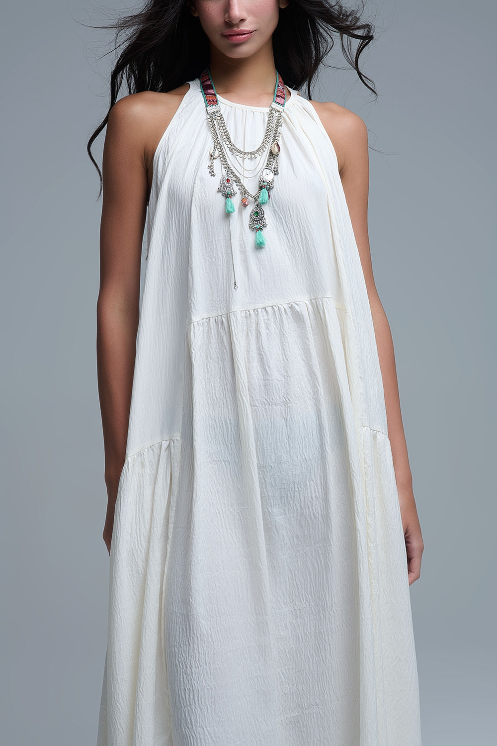 Cream Halter Neck Maxi Dress With Seam Detailing