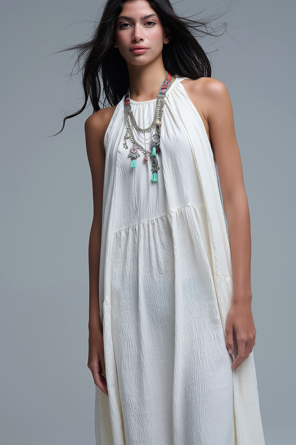 Cream Halter Neck Maxi Dress With Seam Detailing