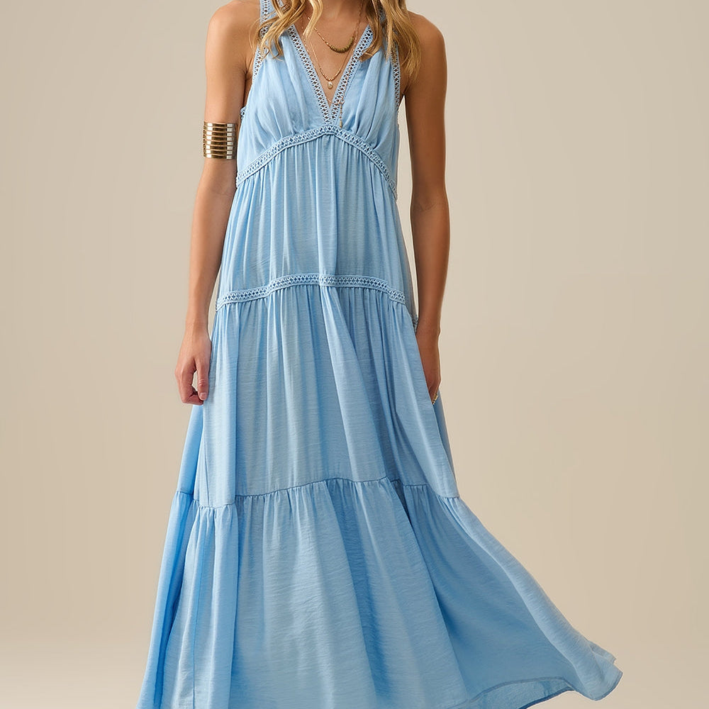 Flowy Maxi Dress With Lace Inserts in Light Blue