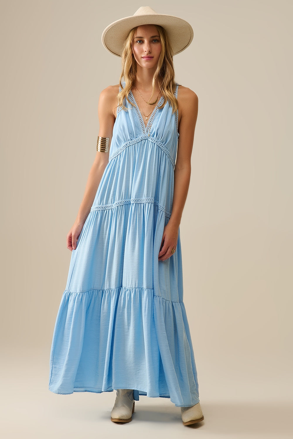 Flowy Maxi Dress With Lace Inserts in Light Blue