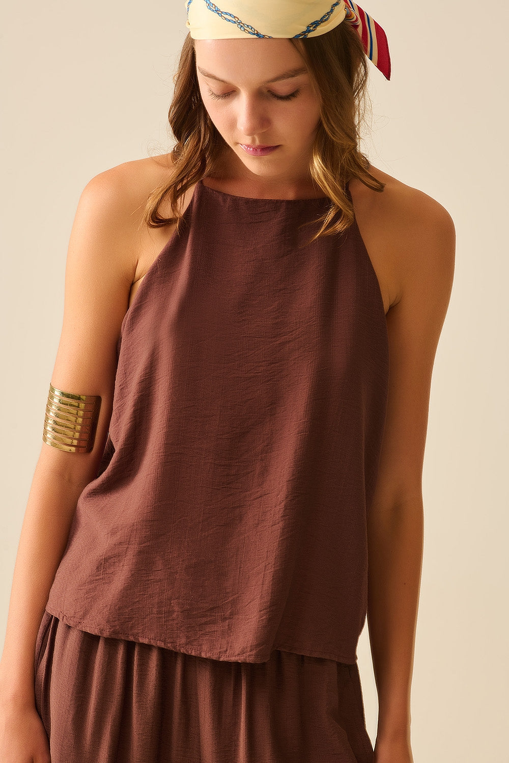 Halter Neck Basic Summer Tank in Chocolate Brown