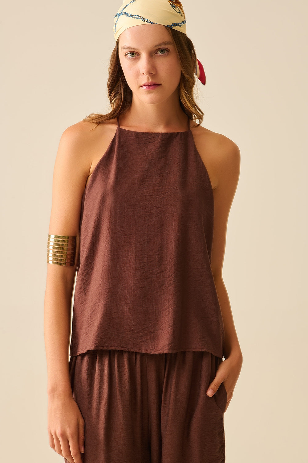 Halter Neck Basic Summer Tank in Chocolate Brown