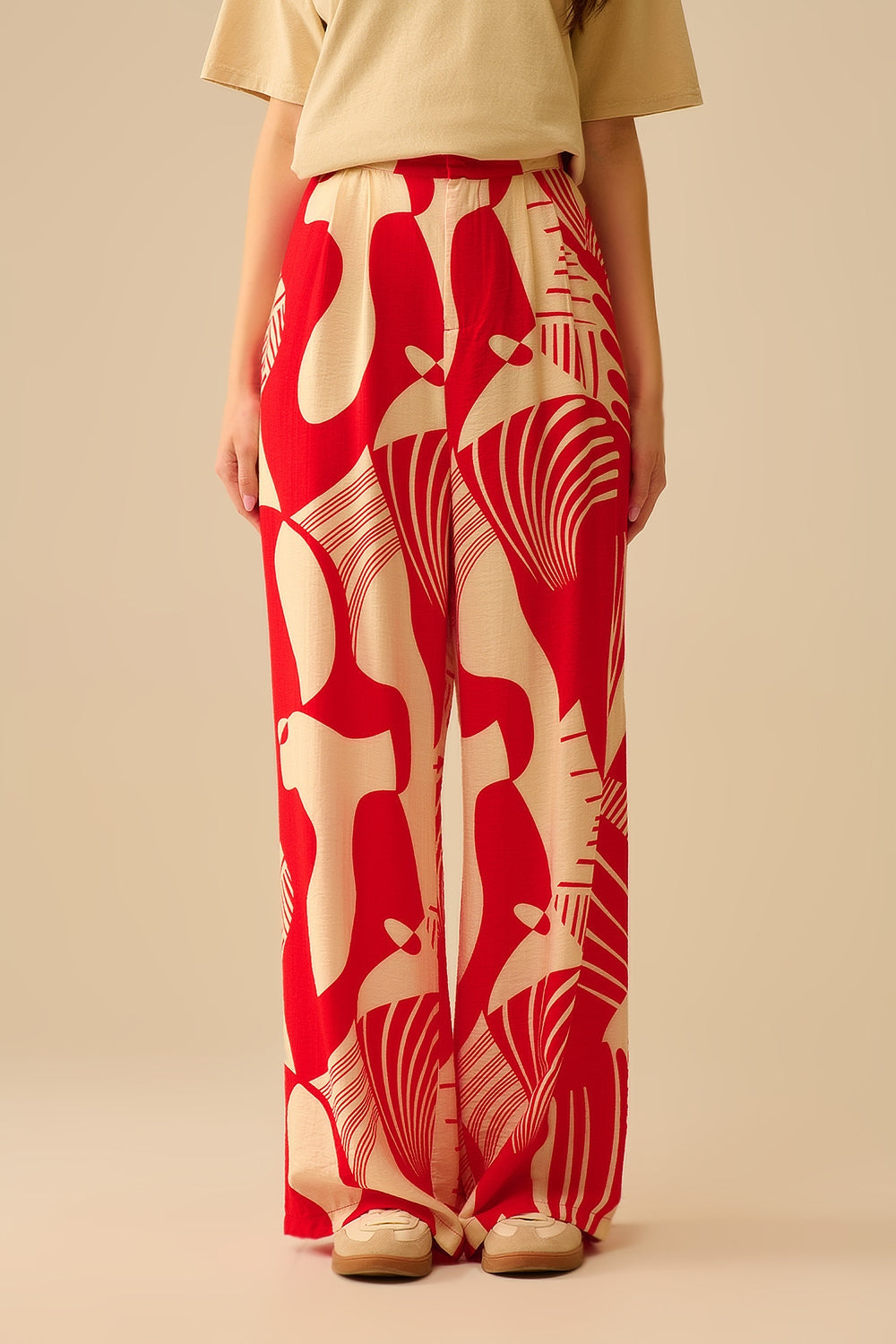 Red Abstract Print Wide-Leg Trousers