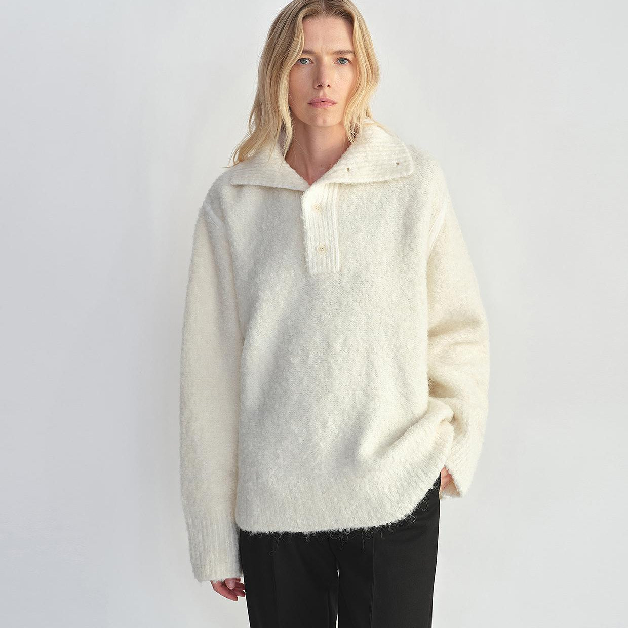 Alpaca Wool Blended Bouclé Yarn Spliced POLO Shirt Lazy and Relaxed Sweater