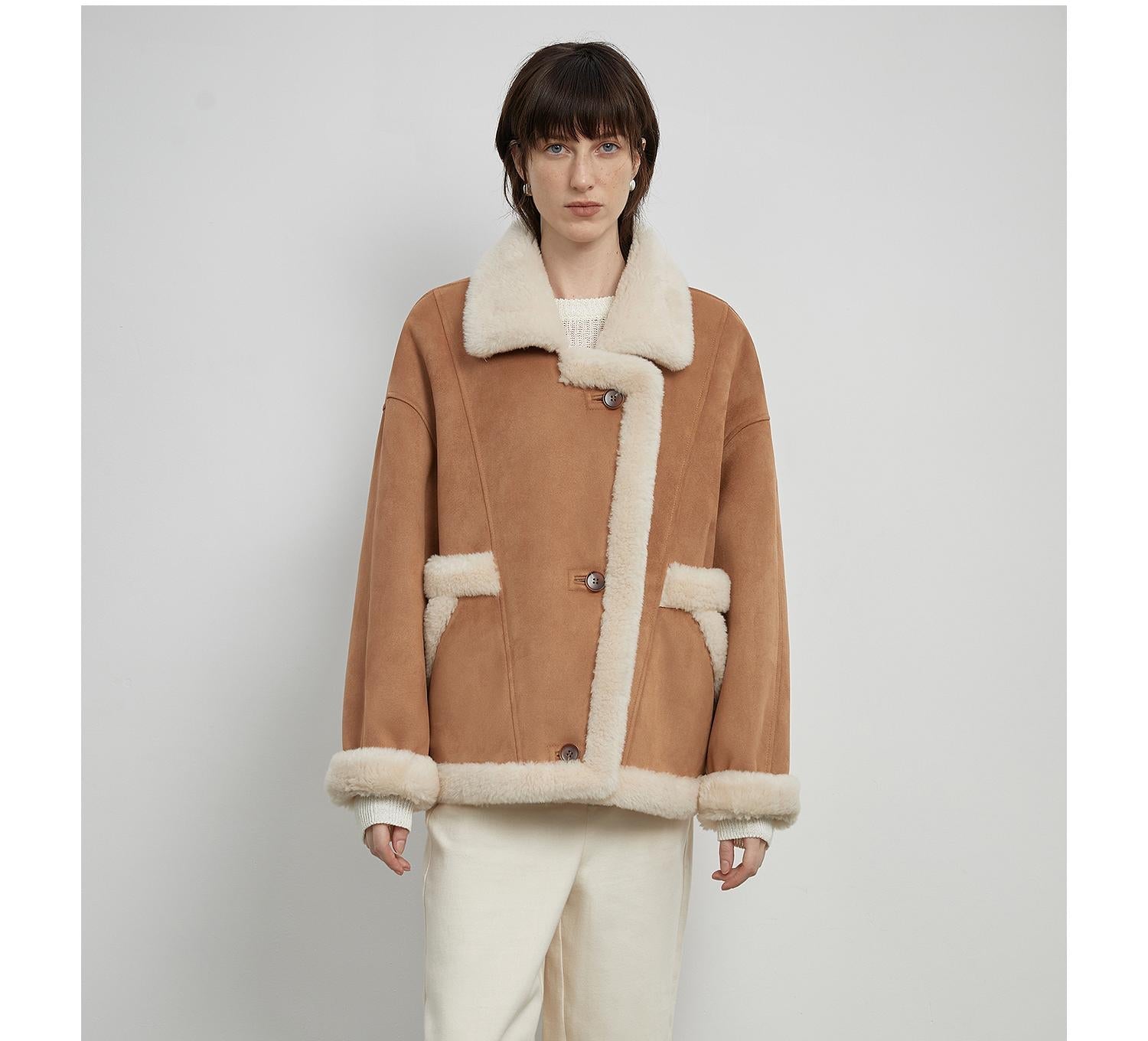 “Shepherds” Lapel Biker Wind Wool Artificial Compound Suede Shearling Coat  Female