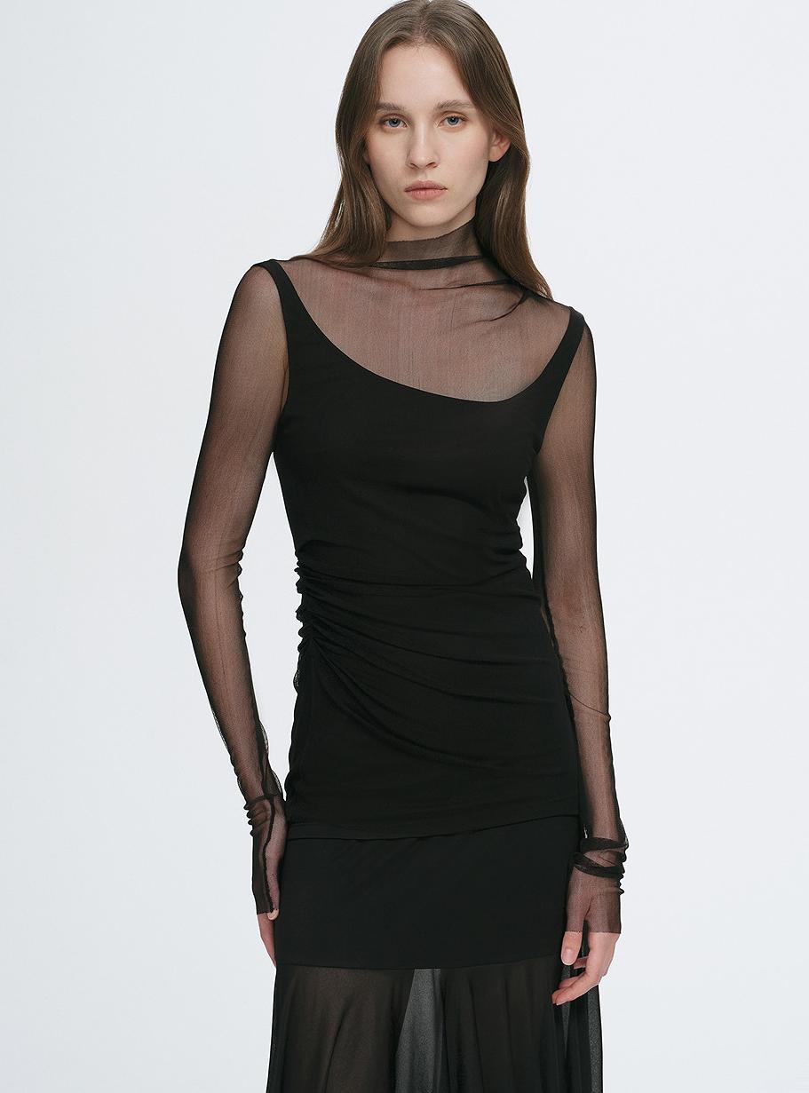 Double-Layer Transparent Oblique Collar Pinched Pleat Half-High