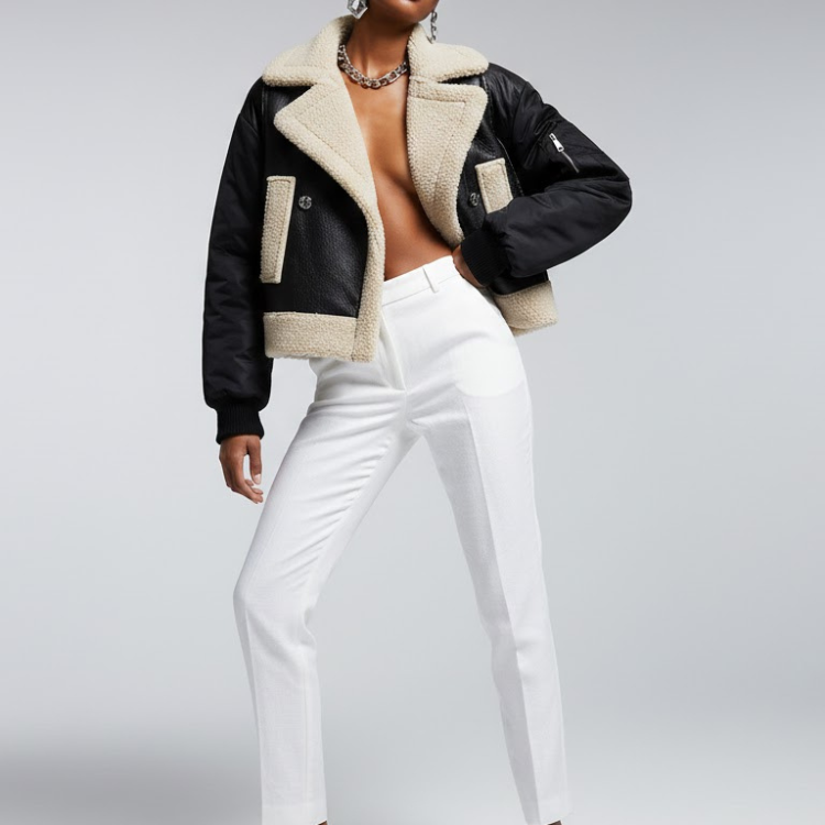 Women's Vegan Leather & Shearling Bomber Jacket BLACK