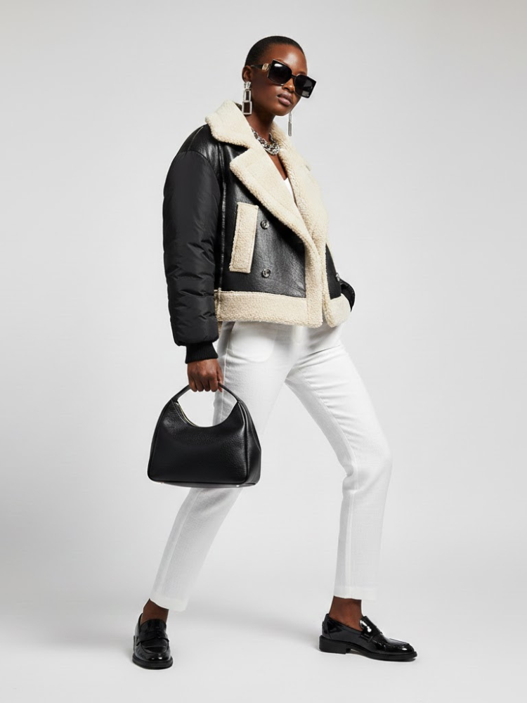 Women's Vegan Leather & Shearling Bomber Jacket BLACK