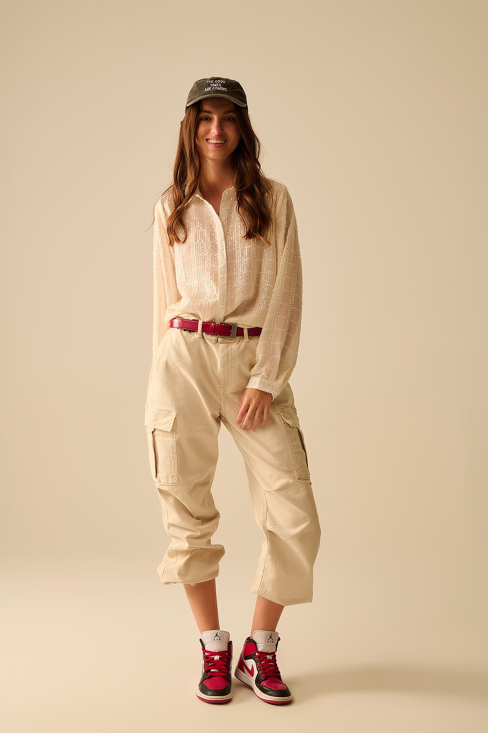 Beige Chiffon Shirt With Sequin Detail