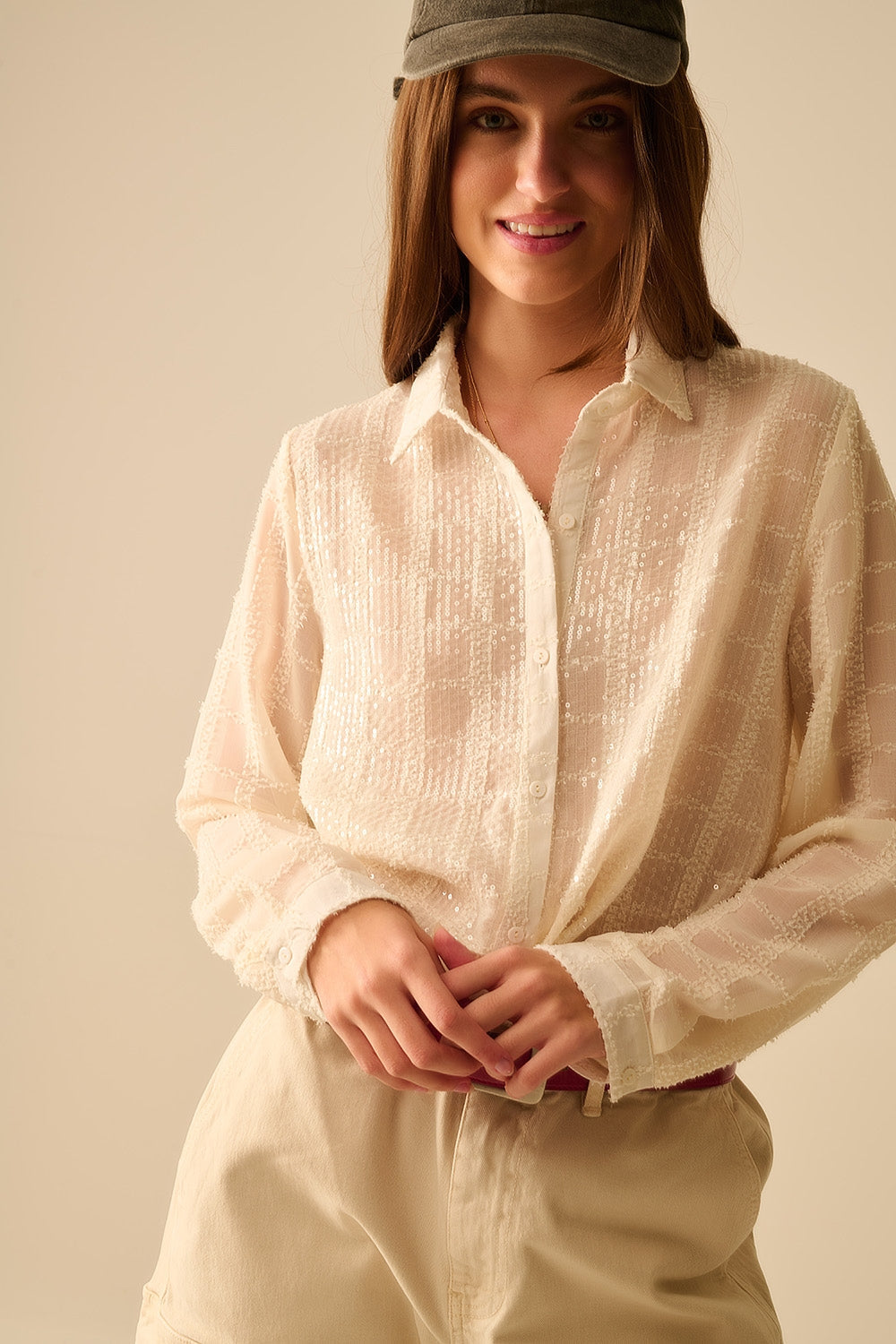 Beige Chiffon Shirt With Sequin Detail