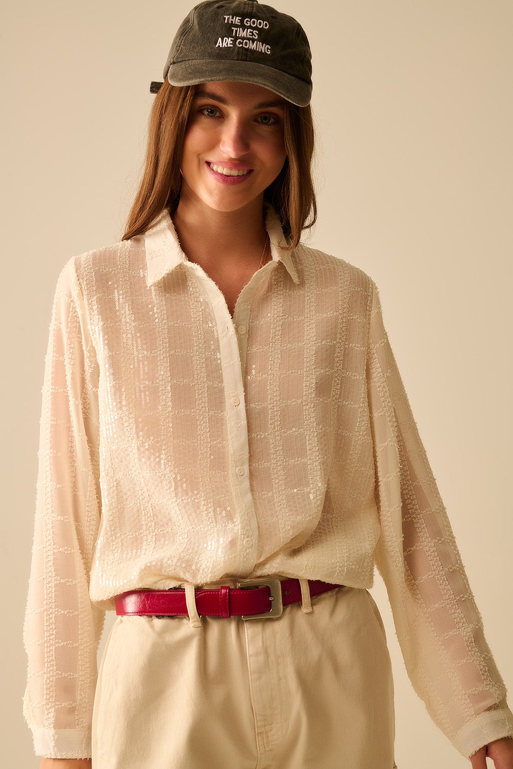 Beige Chiffon Shirt With Sequin Detail