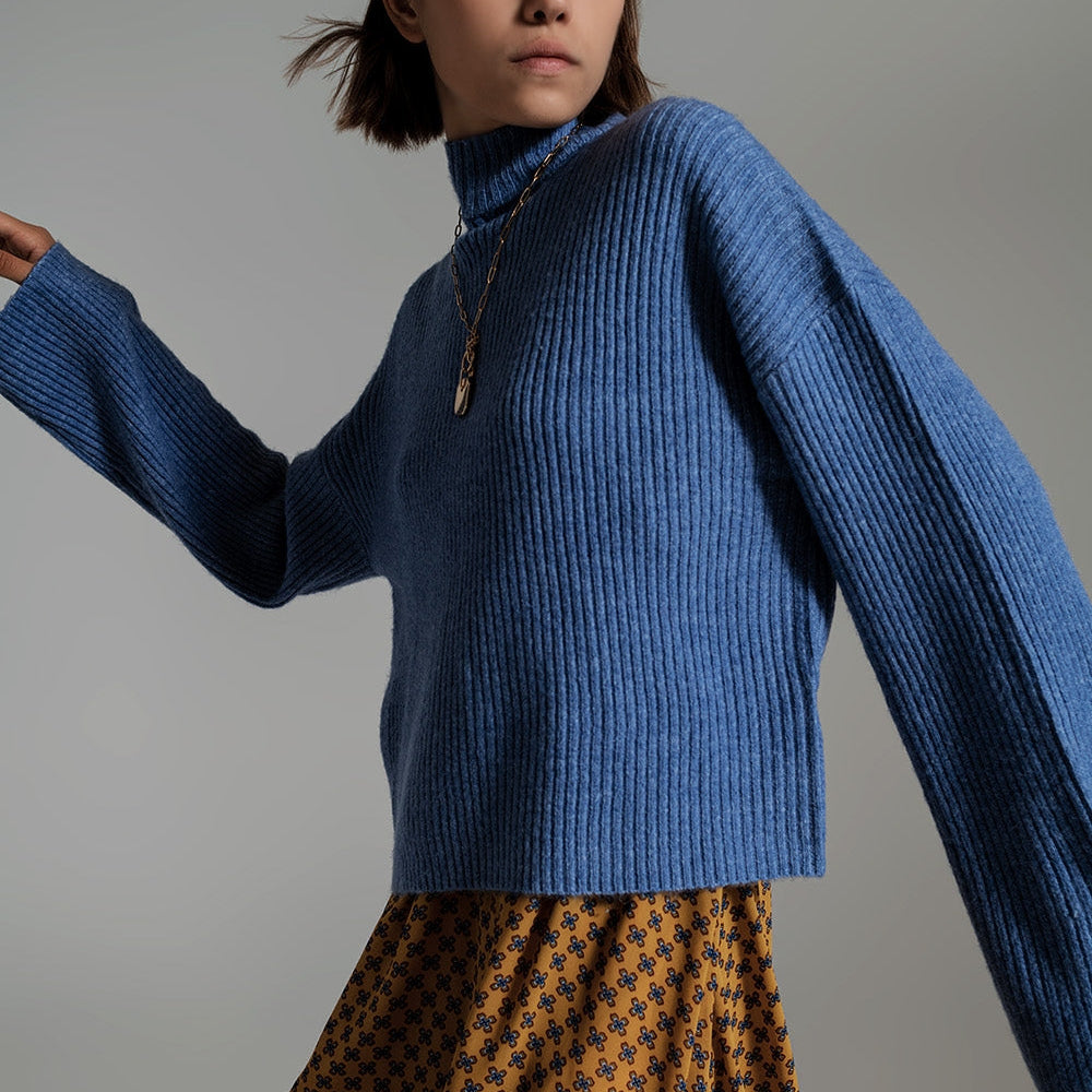 Blue Soft Ribbed Turtleneck Jumper