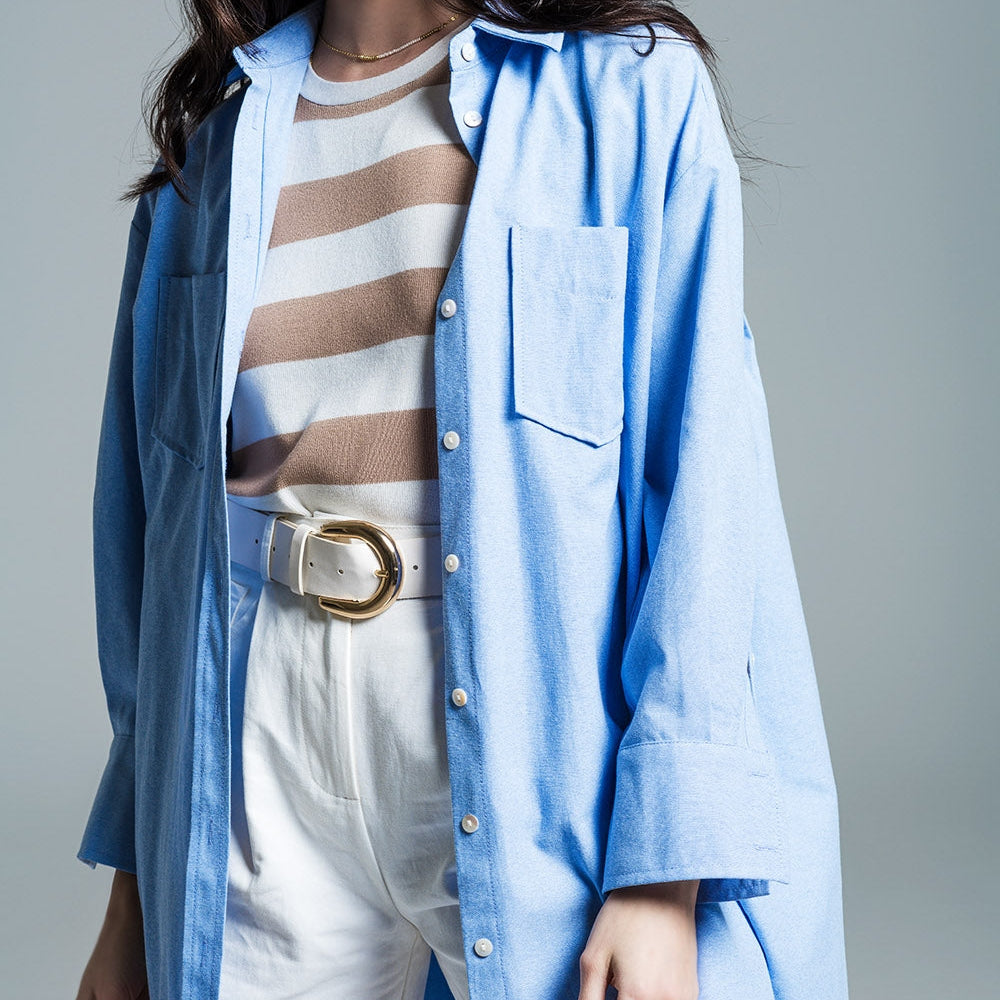 Boyfriend Cut Shirt With 3/4 Sleeve in Baby Blue