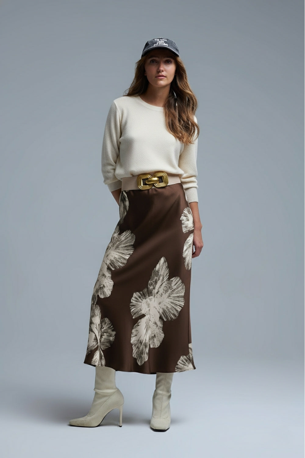 Brown Floral Satin Midi Skirt in Satin