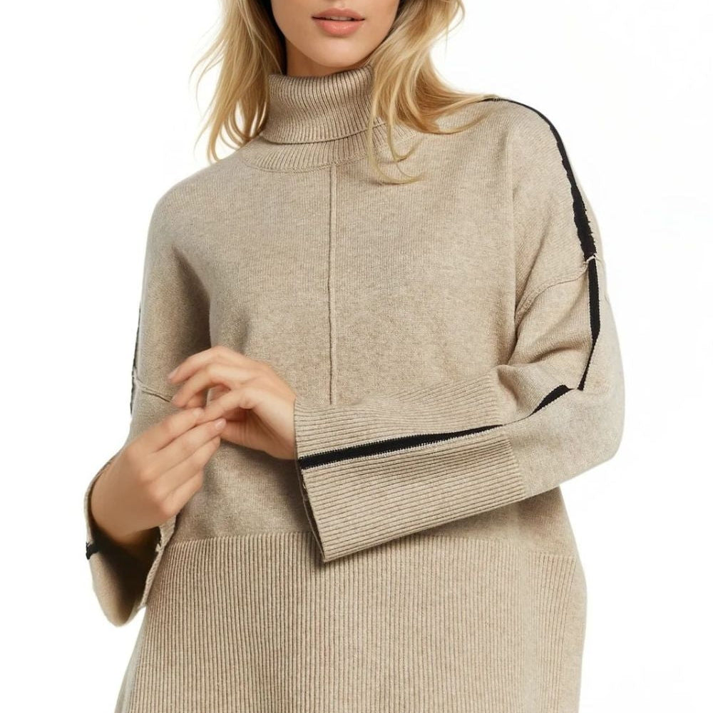 Camel Turtleneck Sweater With Black Side Stripe