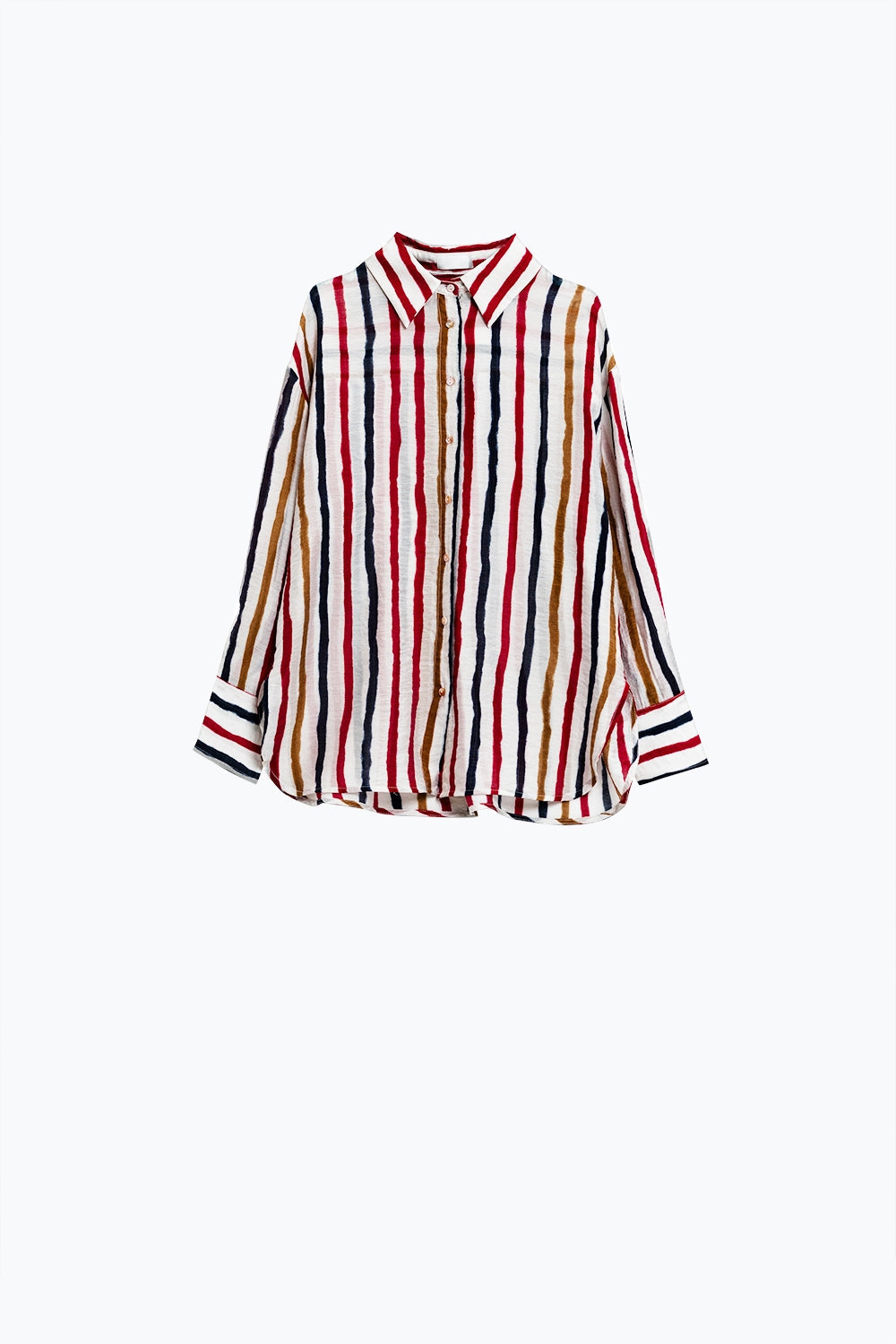 Chiffon Long Sleeve Shirt With Multicolor Stripes Red and Navy