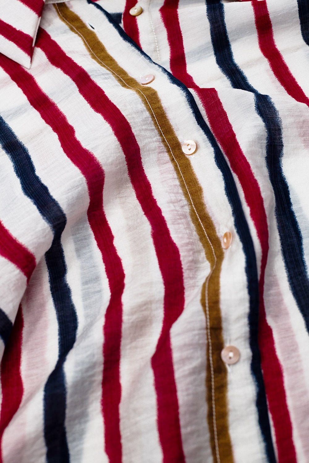Chiffon Long Sleeve Shirt With Multicolor Stripes Red and Navy