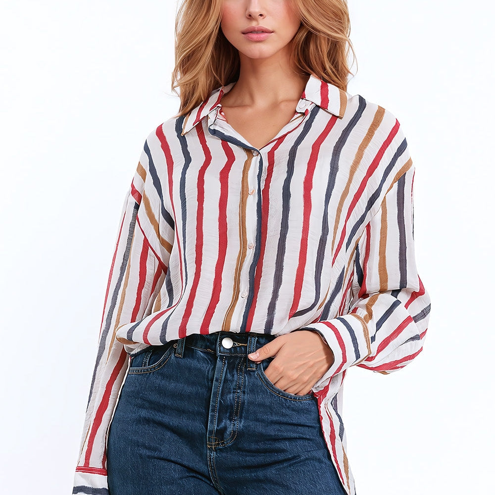 Chiffon Long Sleeve Shirt With Multicolor Stripes Red and Navy
