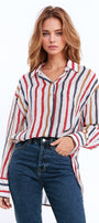 Chiffon Long Sleeve Shirt With Multicolor Stripes Red and Navy