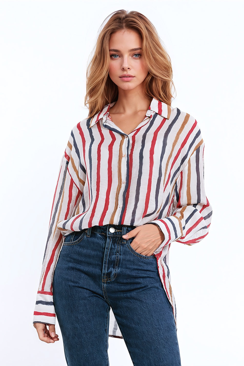 Chiffon Long Sleeve Shirt With Multicolor Stripes Red and Navy
