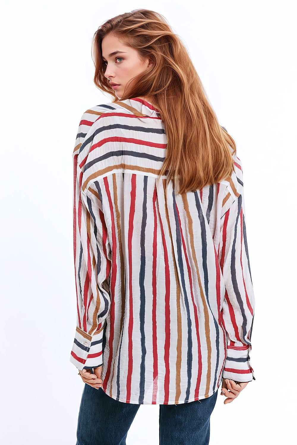 Chiffon Long Sleeve Shirt With Multicolor Stripes Red and Navy