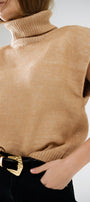 Cozy Turtleneck Sleeveless Sweater in Camel