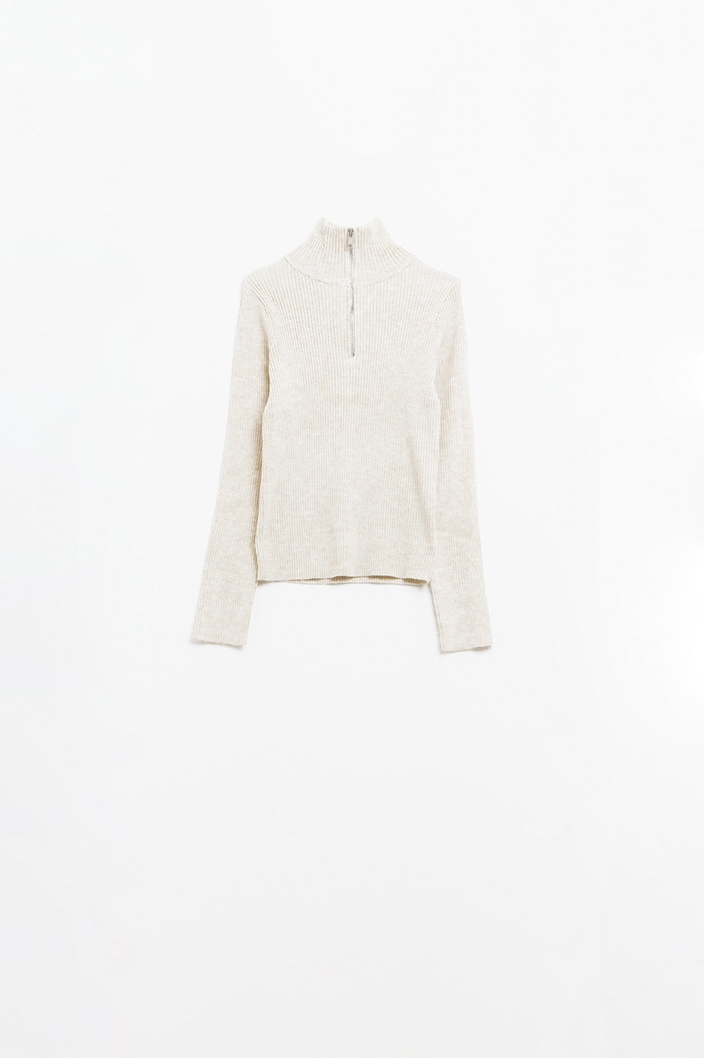 Cream Ribbed Fitted Sweater With Zip Closure